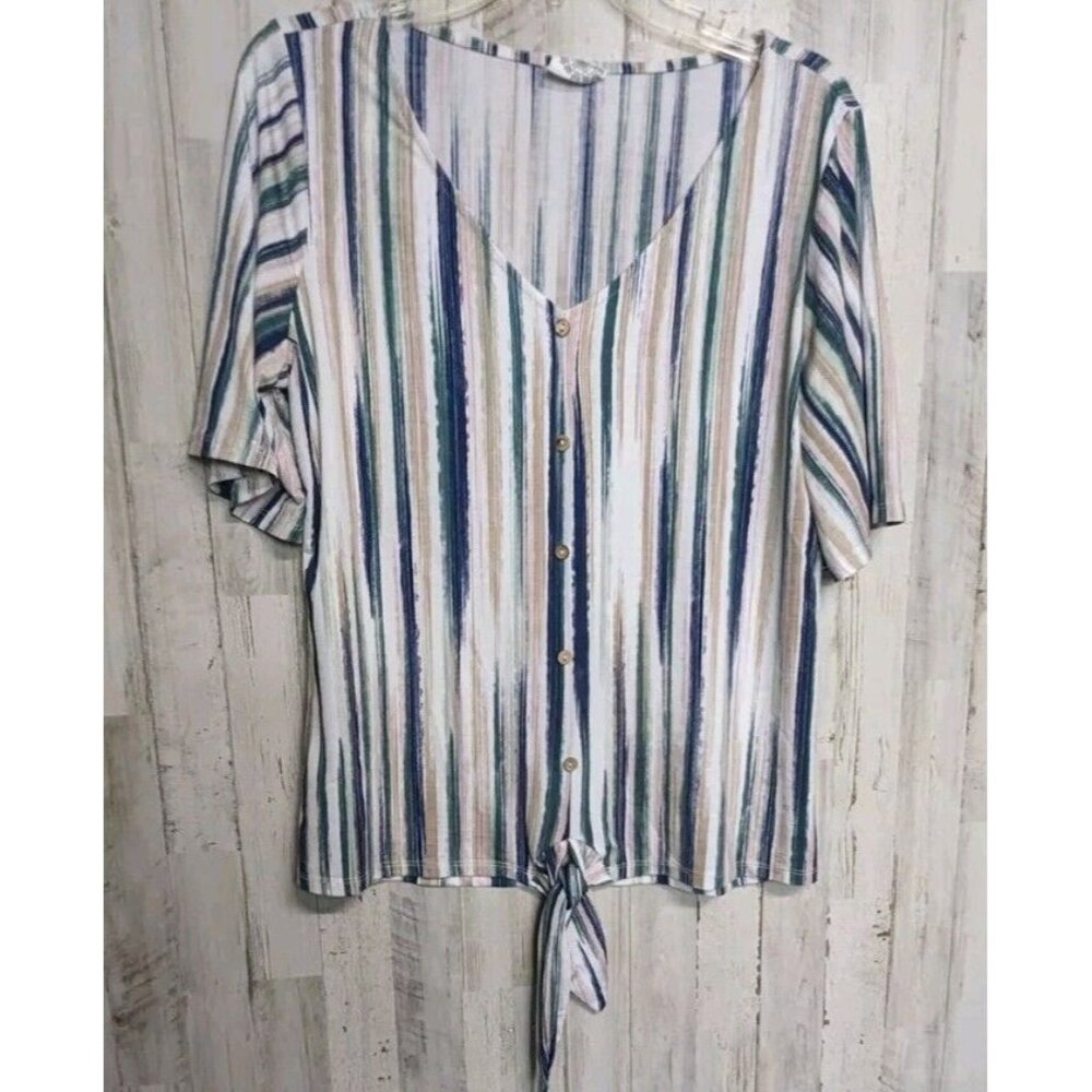 Late August Medium Top Multicolor Striped Shirt SS Tie Waist Casual